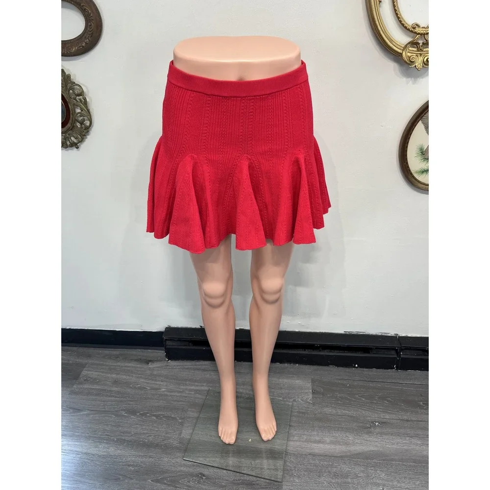 LoveShackFancy Meryl Red Ribbed Pointelle Knit Flared Skater Mini Skirt Size S